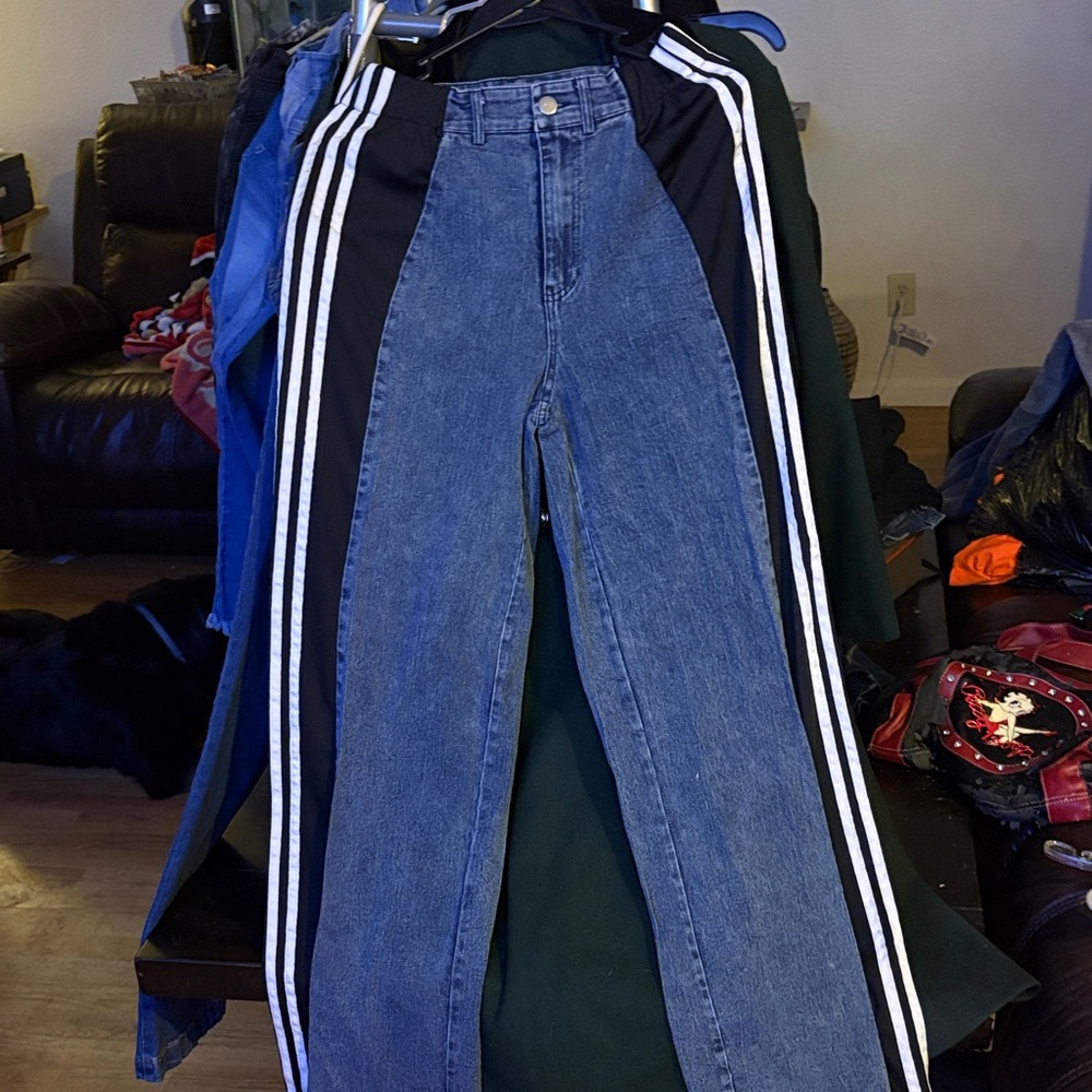 Chic Blue and Black Flare Jeans with Stripes